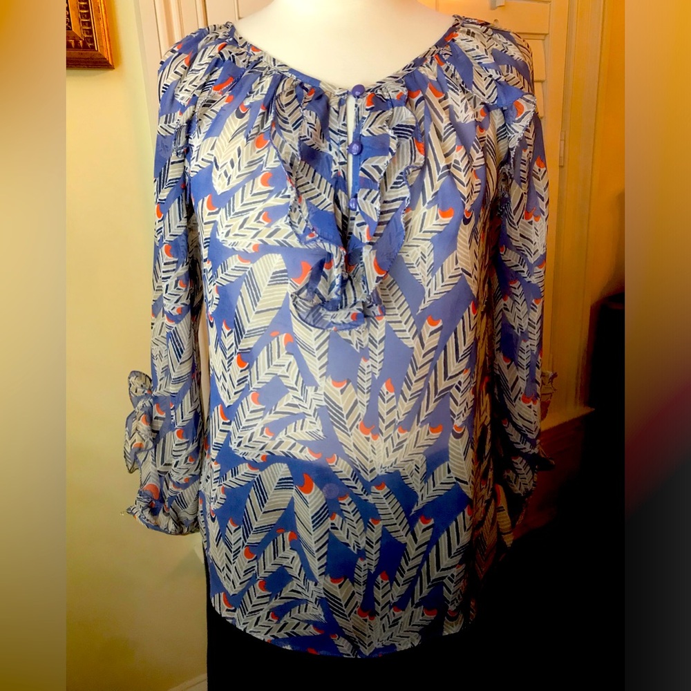 Jade Ruffle Neck Feather print Blouse
